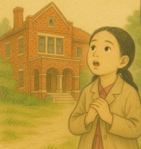 소녀가 두 손을 가슴에 모은 채, 붉은 벽돌 저택을 올려다보며 감탄하는 듯한 표정을 짓고 서 있다.