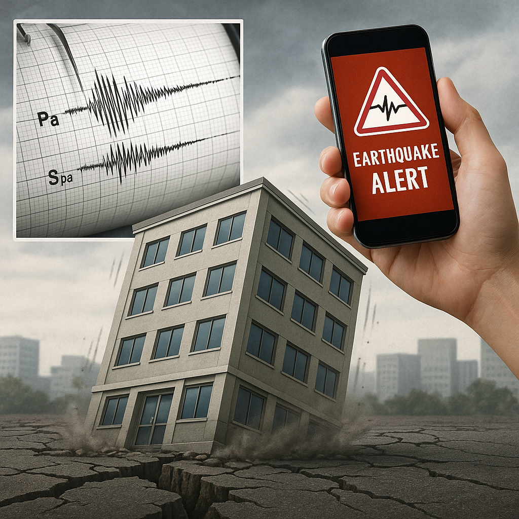 지진 경보 알림과 흔들리는 건물, P파·S파 감지를 보여주는 지진계 이미지