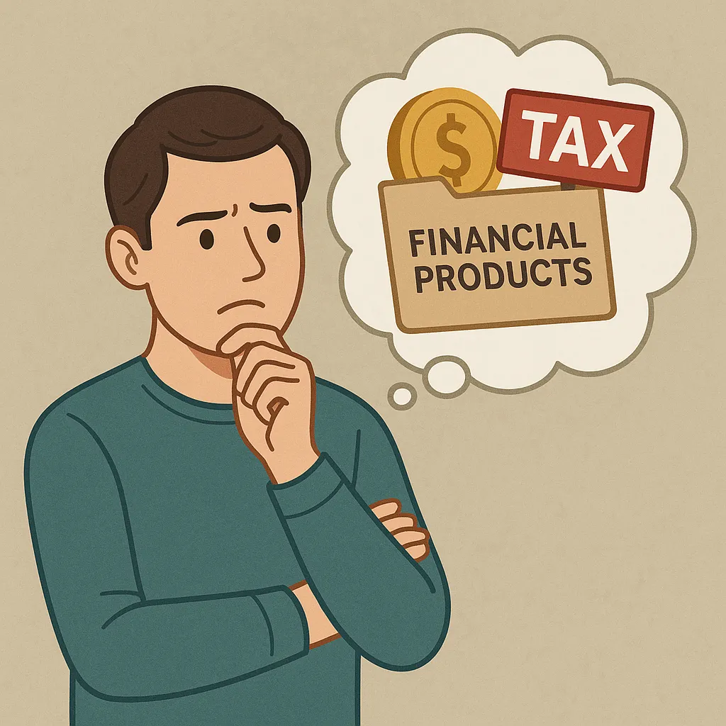 세금-우대-금융상품의-유리함을-주제로-한-일러스트로,-남성이-세금과-금융상품을-상징하는-아이콘을-보며-고민하는-모습이-그려져,-절세-효과와-투자-판단의-균형을-상징함.