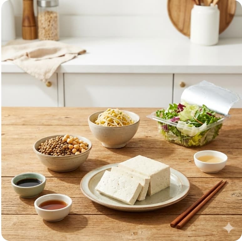 두부와 렌틸콩&amp;#44; 콩나물로 단백질을 구성한 식사 재료를 한눈에 보여주는 사진