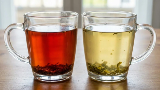 루이보스(빨강)와 녹차(녹색)를 투명 잔에 담은 모습