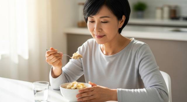 【IMG4 &mdash; 오트밀과 바나나로 건강한 아침을 먹는 55세 한국 여성 이미지】