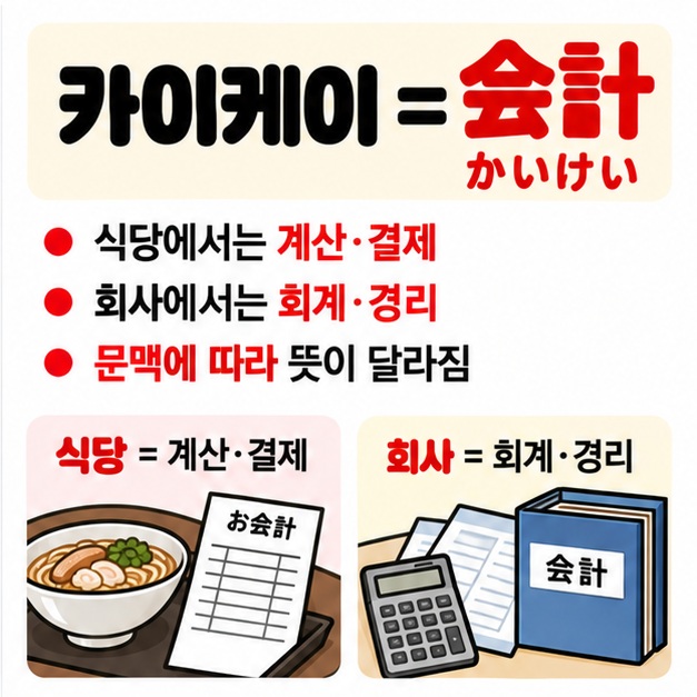 会計는 식당에서는 계산 결제 회사에서는 회계 경리라는 두 가지 대표 의미로 쓰인다는 비교 카드