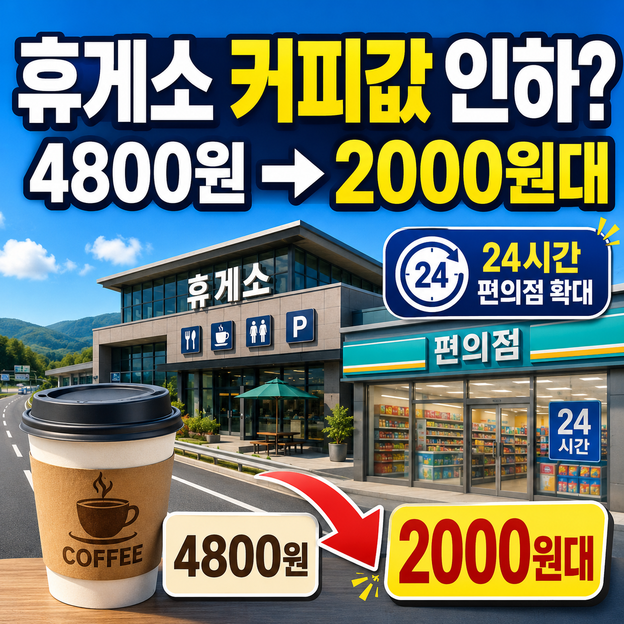 고속도로 휴게소에서 저가 커피와 24시간 편의점 확대를 설명하는 이미지