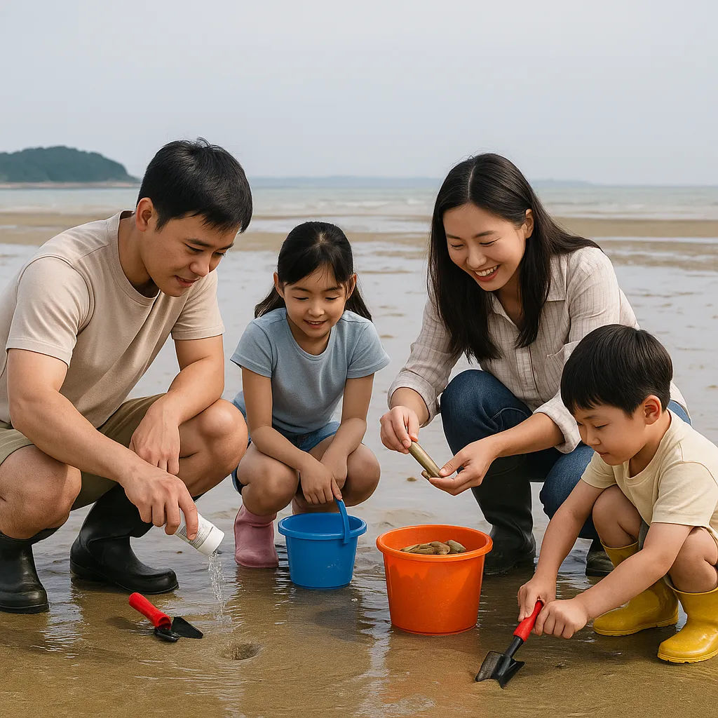 갯벌에서 맛조개를 잡는 가족 체험 장면