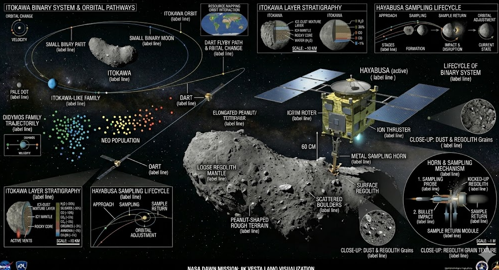 일본 JAXA 하야부사 1호 탐사선이 소행성 이토카와 표면에 착륙하는 장면