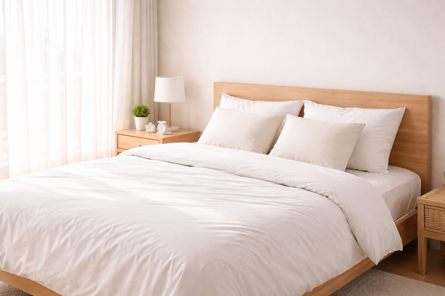 침구에서 먼지가 많이 날 때 점검할 관리 습관을 설명하는 침실 침구 이미지