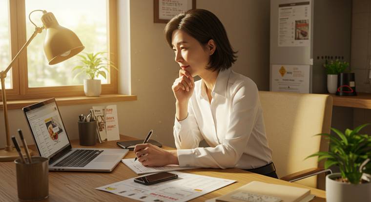 1인 외식업 사장님이 배달앱 리뷰를 확인하며 고객 응대를 준비하는 모습