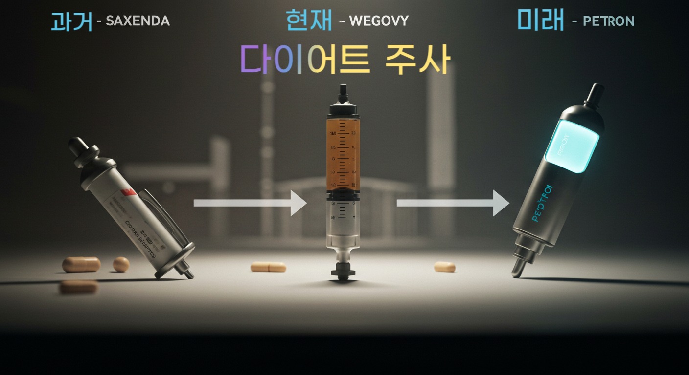 &quot;시간의 흐름을 보여주는 타임라인 사진. '과거-삭센다', '현재-위고비', '미래-펩트론'을 개별적 기=디자인으로 보여주는 이미지.&quot;