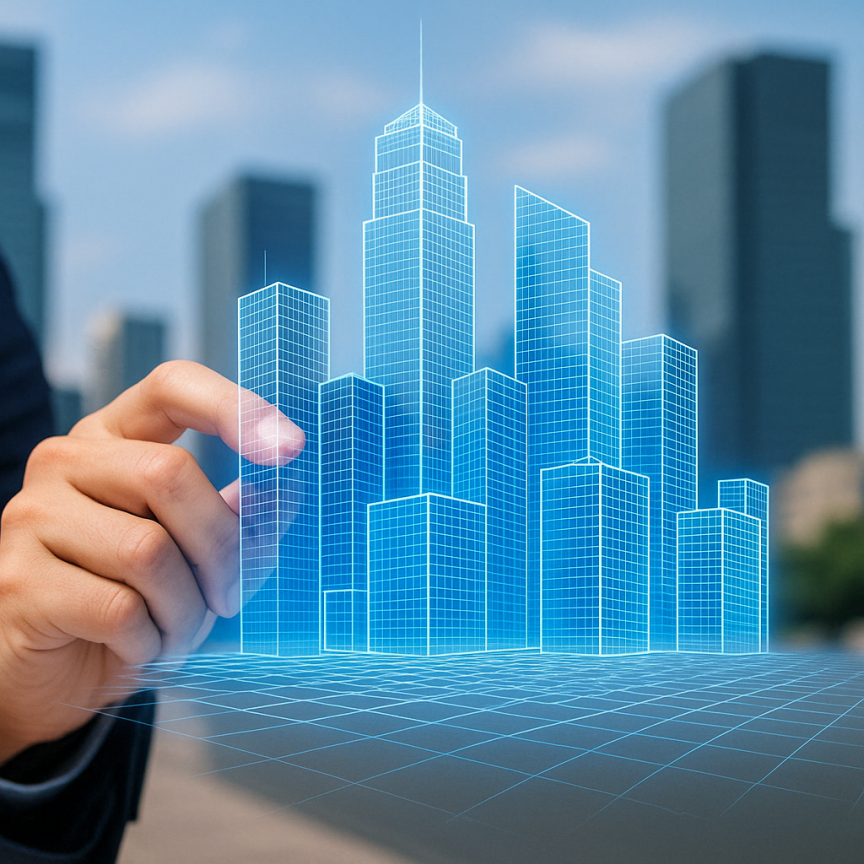 가상공간 속 도시를 배경으로 3D 와이어프레임 모델이 오버랩된 디지털 트윈 시각화 이미