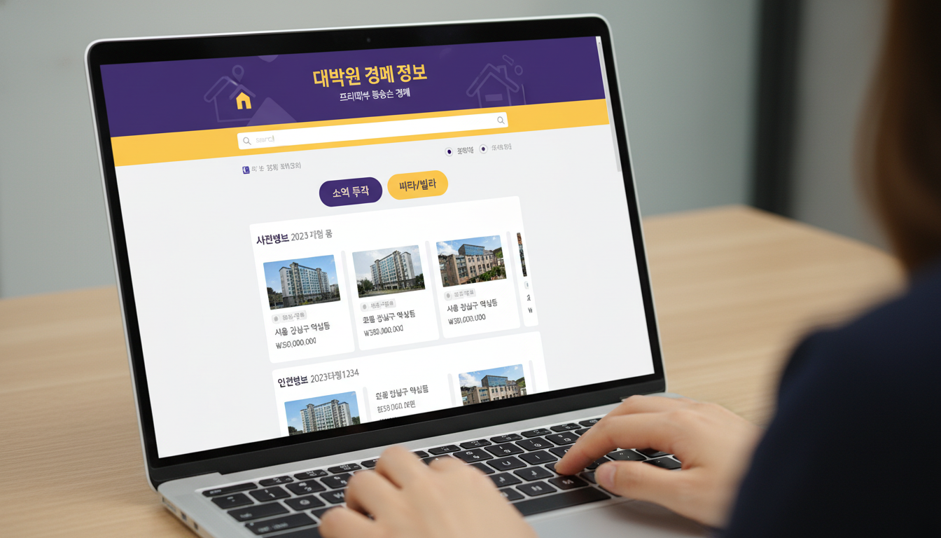 한국 경매 정보 사이트 화면. 소액 아파트 및 빌라 물건들이 표시되어 있으며, 필터를 통해 자신에게 맞는 물건을 검색하는 모습입니다.