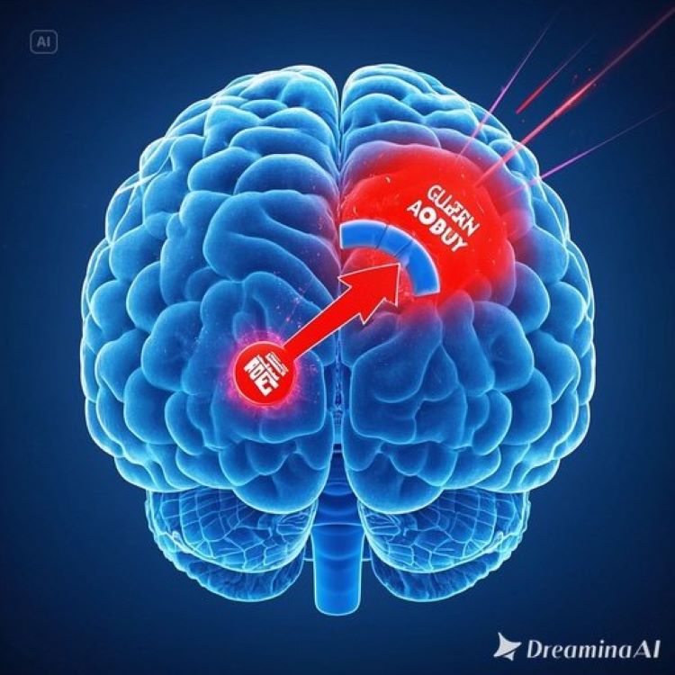 뇌의 단면도에서 글루텐 항체들이 다양한 뇌 영역(소뇌, 전두엽, 측두엽)을 공격하는 모습을 화살표와 붉은 염증 표시로 보여주고, 한쪽에는 정상적인 뇌(푸른색), 다른 쪽에는 글루텐에 의해 손상된 뇌(붉은색)를 대비하여 표현한 의학적 인포그래픽