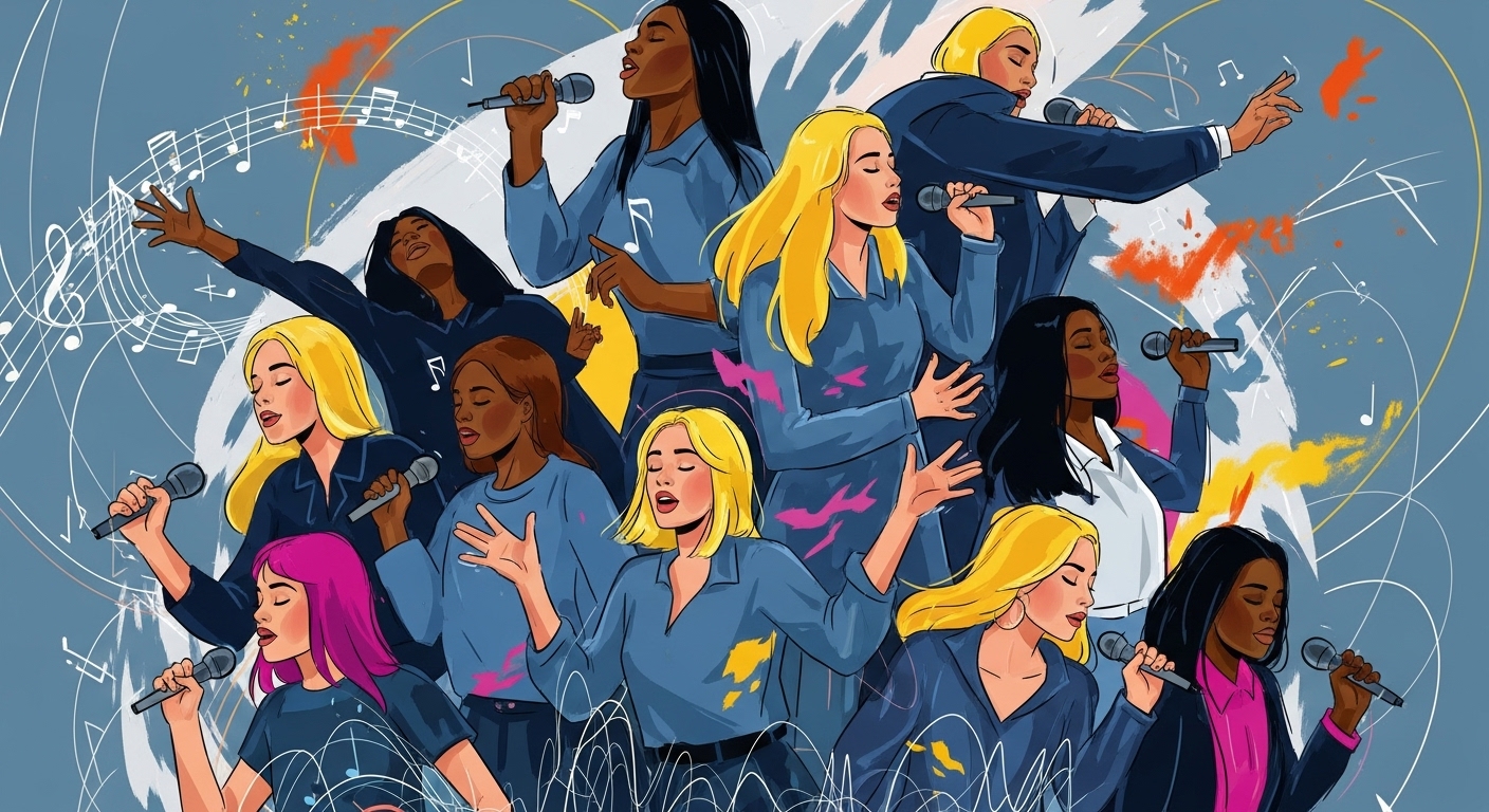다양한 매력을 가진 여성 트로트 가수들이 열정적인 무대를 준비하는 모습, 오디션 프로그램의 치열한 경쟁과 기대감을 표현합니다.