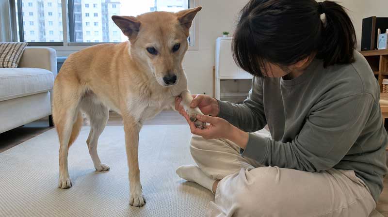 절뚝거리는 강아지의 발바닥과 발가락 사이를 확인하는 보호자