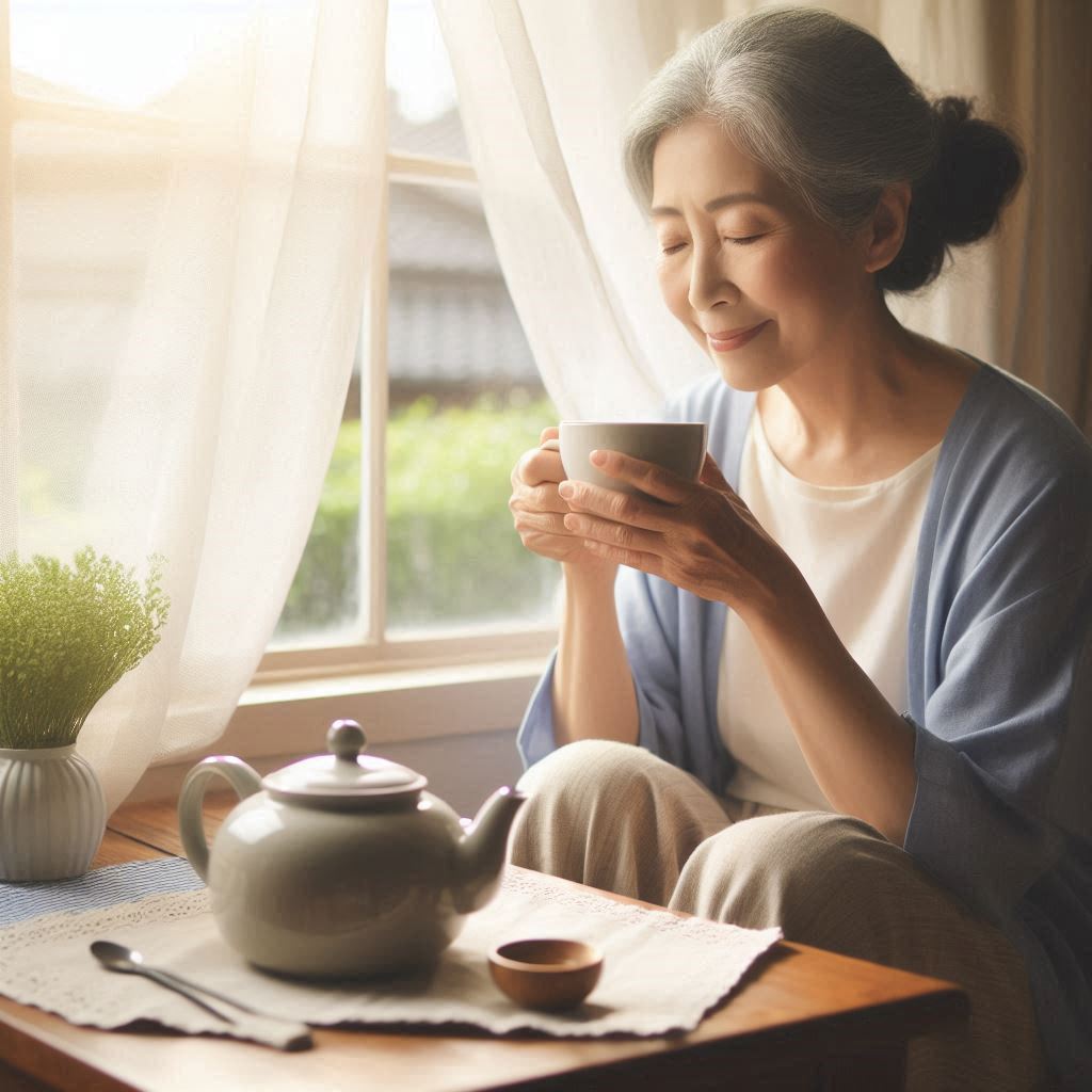 혼자 차를 마시며 힐링하는 시니어 여성