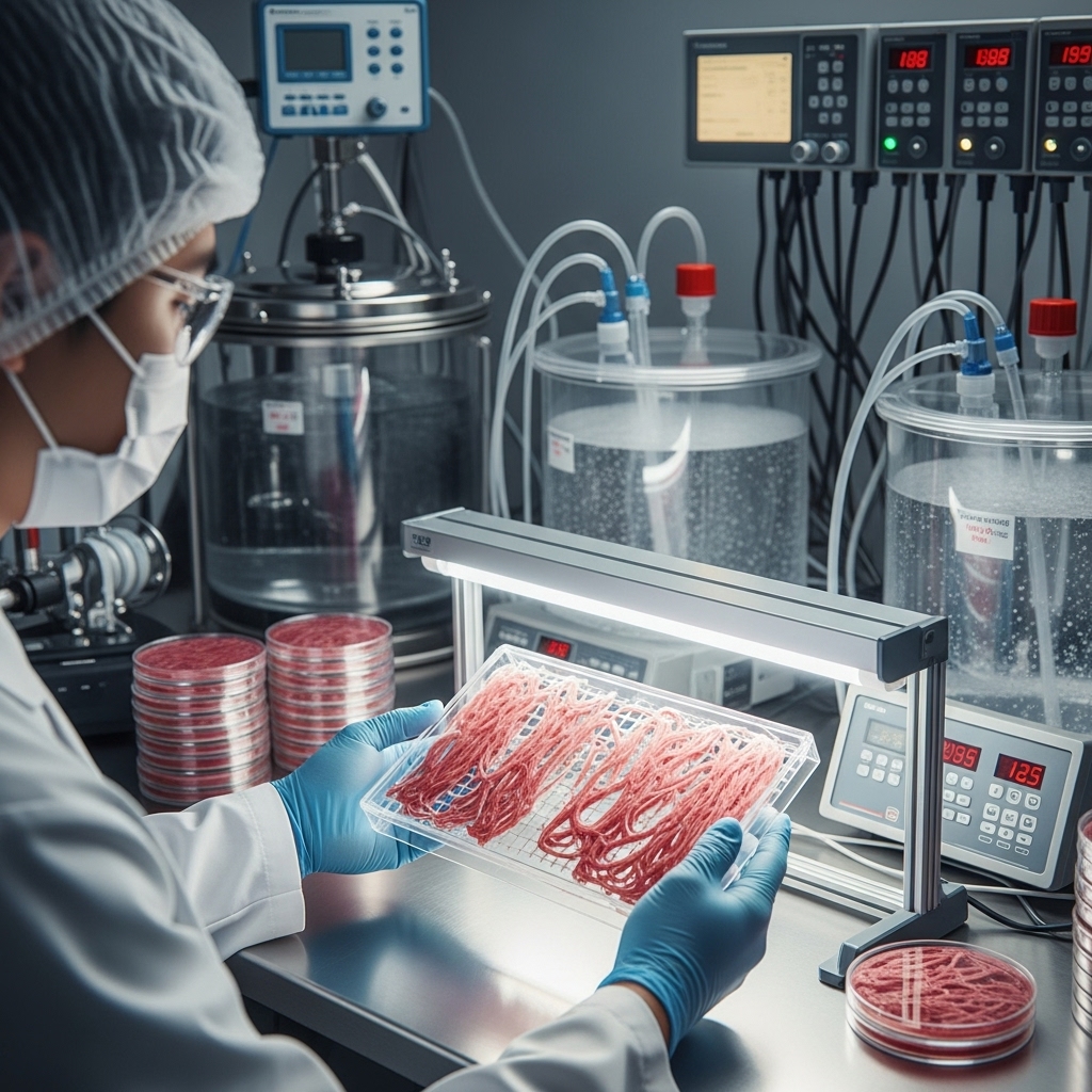 cultured meat tissues growing on a 3D scaffold inside a sterile lab environment
