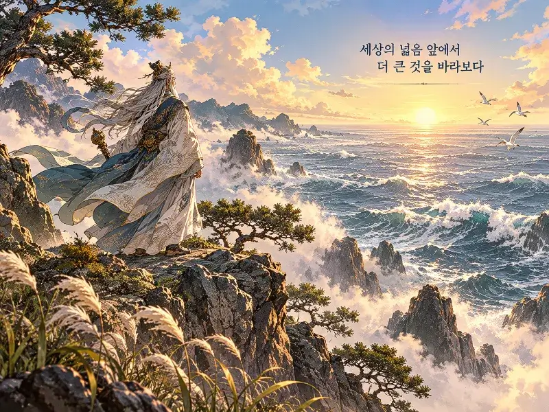 Ha Baek, the river god, gazing over the vast North Sea and realizing the greatness of the wider world, symbolizing Mangyangjitan