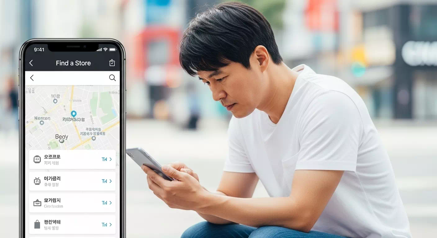 가맹점 찾기 앱에서 사용 가능한 소비쿠폰 업종을 검색 중인 한국인 남성