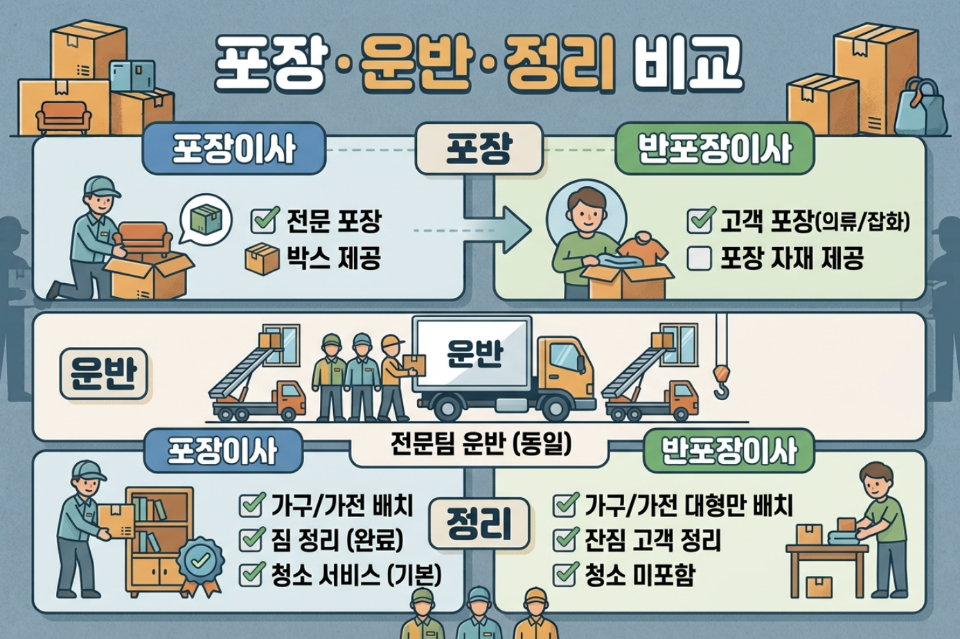 포장이사와 반포장이사의 포장 운반 정리 작업범위를 나눠 비교한 이미지