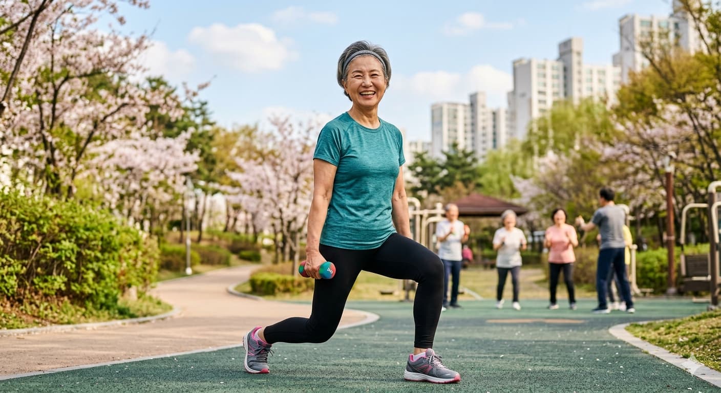 건강한 노년의 근력 운동 모습, 스쿼트나 까치발 들기 등 근력 운동을 하는 중장년