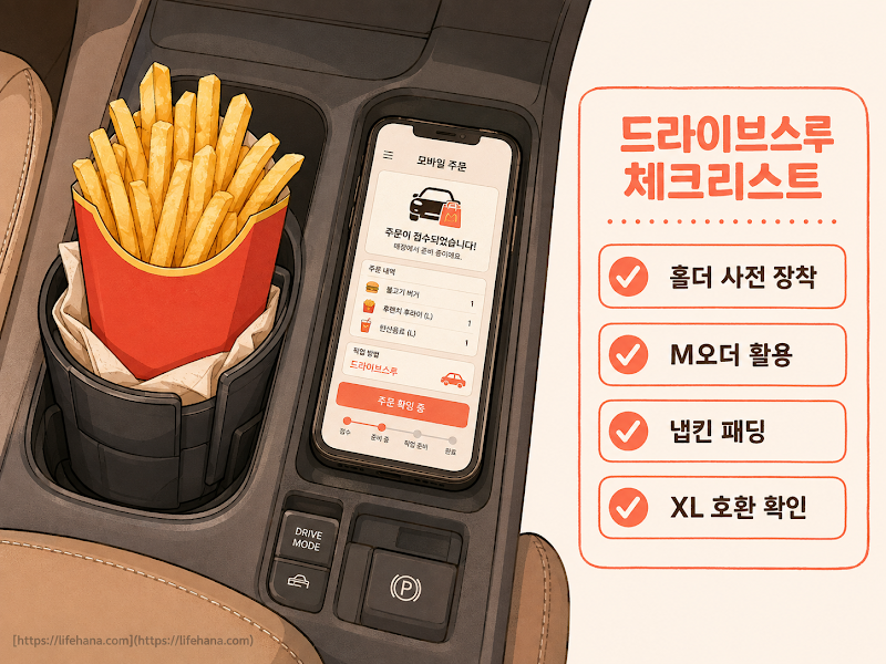 차량 컵홀더에 감자튀김 홀더가 거치된 장면, 조수석 시점