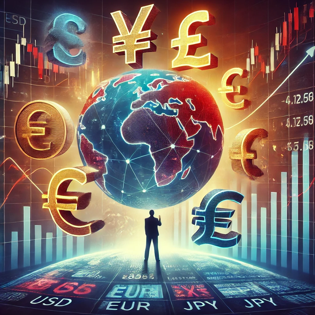 한 투자자가 디지털 트레이딩 데스크에서 여러 통화 환율을 분석하고 있으며, 세계 주요 통화(USD, EUR, JPY, GBP) 기호들이 빛나는 지구 주위를 회전하고 있습니다. 배경에는 금융 그래프와 상승하는 추세선이 있어 수익 기회와 시장 변동성을 나타냅니다.