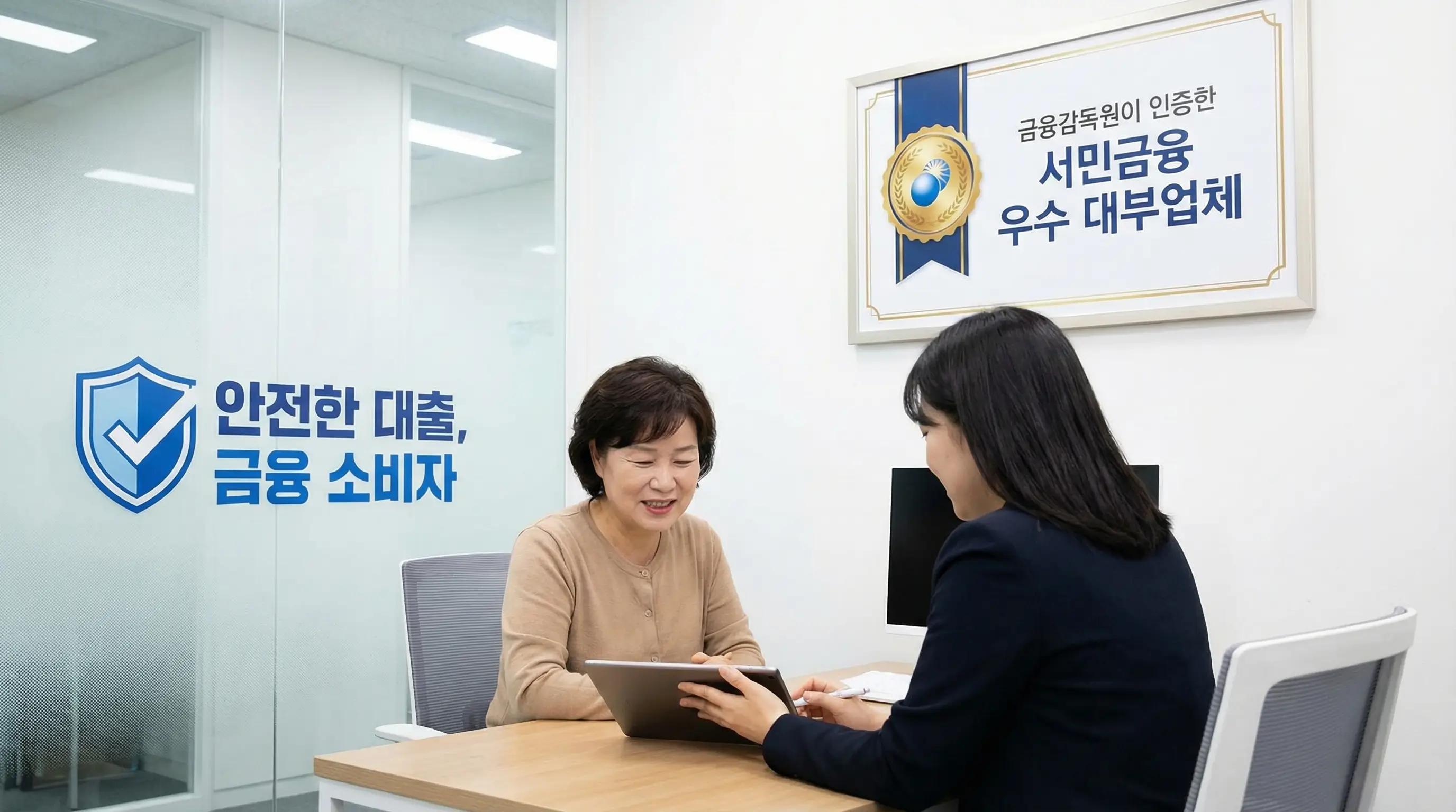 금융감독원이 인증한 서민금융 우수 대부업체 인증마크와 안전한 대출을 찾는 금융 소비자의 모습