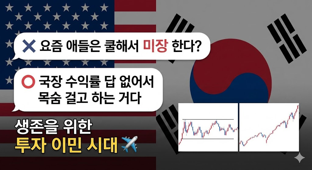 미국과 한국 국기를 배경으로, 미장 투자에 대한 잘못된 인식과 현실적인 이유를 대조적인 대화 형식으로 풀어낸 카드뉴스입니다. 박스권에 갇힌 한국 주식 차트와 우상향하는 미국 주식 차트를 비교하여 '생존을 위한 투자 이민 시대'라는 메시지를 시각적으로 전달합니다.