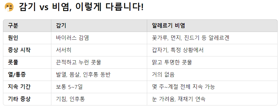 감기,비염의 차이점표