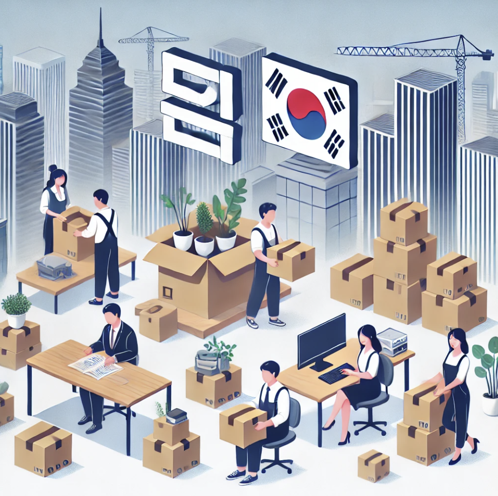 지방으로 이전하는 직장인들이 함께 일하는 모습과 박스 포장 장면