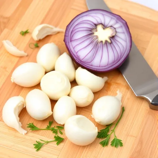 껍질이 벗겨진 마늘 몇 쪽과 반으로 자른 양파가 나무 도마 위에서 나란히 놓여 있는 모습입니다. 주방 칼이나 간단한 허브가 함께 배치되어 요리 재료의 신선함과 역할을 강조합니다.