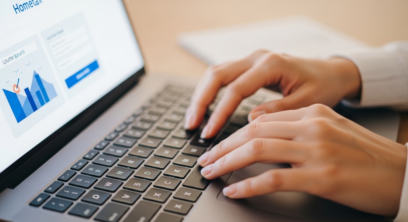 노트북으로 홈택스 해외 주식 세금 신고를 하는 한국인 여성의 손 클로즈업.