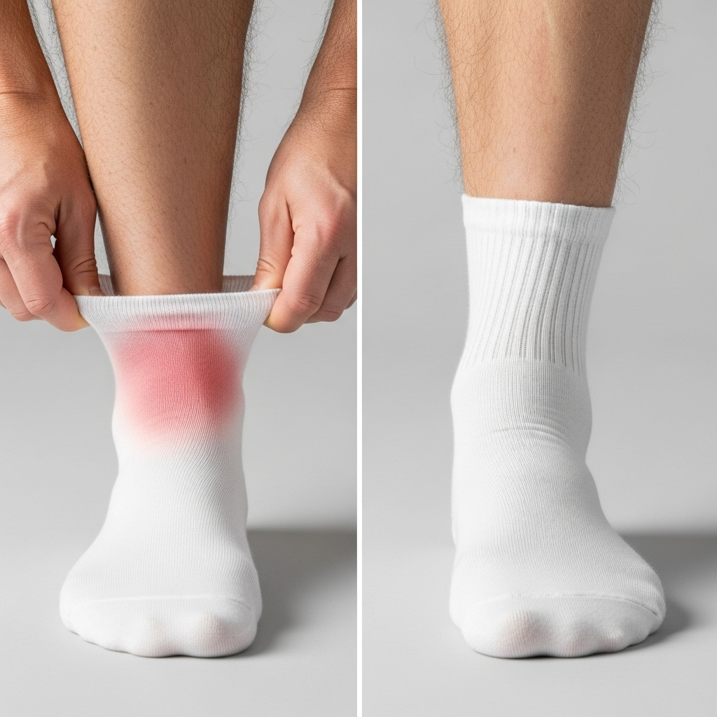 한 남성이 발에 압박 자국이 남는 일반 양말과, 자국 없이 편안해 보이는 무압박 당뇨 양말을 비교하며 신고 있는 모습