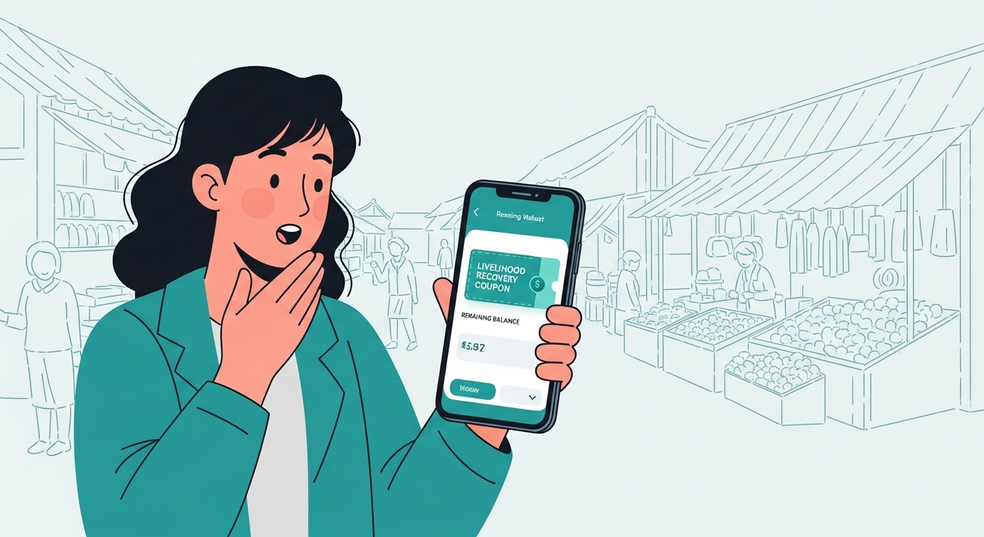 스마트폰 앱으로 민생회복 소비쿠폰 잔액을 확인하며 미소 짓는 사람과 그 뒤로 보이는 활기찬 시장 풍경