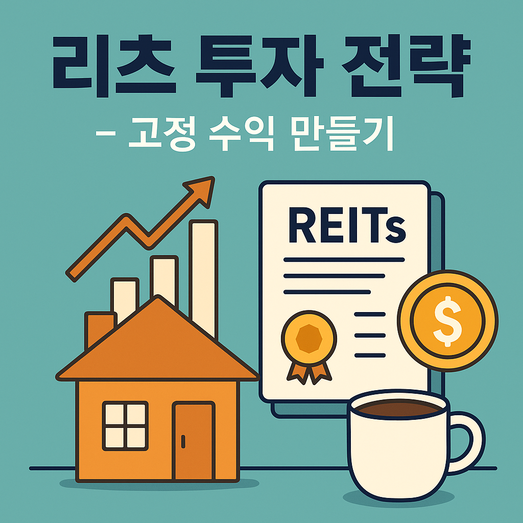 리츠(REITs) 투자로 월세처럼 수익을 얻는 전략을 표현한 썸네일 – 빌딩 아이콘, 월세 현금 흐름, 그래프, 커피잔이 포함된 플랫 스타일 부동산 투자 일러스트