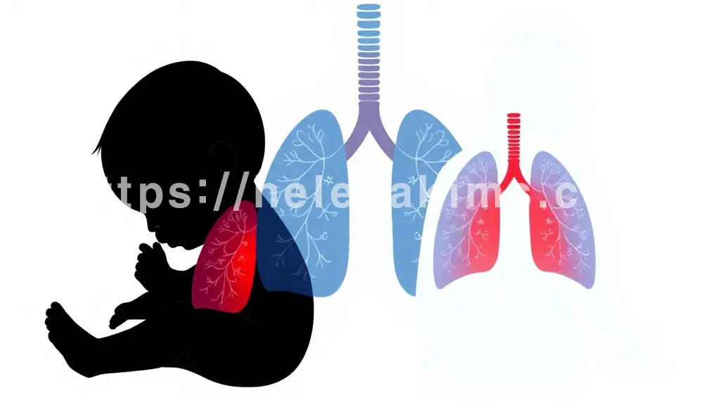 왼쪽에는 평화롭게 잠든 영유아의 옆모습 실루엣, 폐와 기관지 부위를 상징하는 곳에 추운 계절의 차가움을 연상시키는 푸른색 및 붉은색의 섬세한 패턴이 표현된 그래픽 이미지.