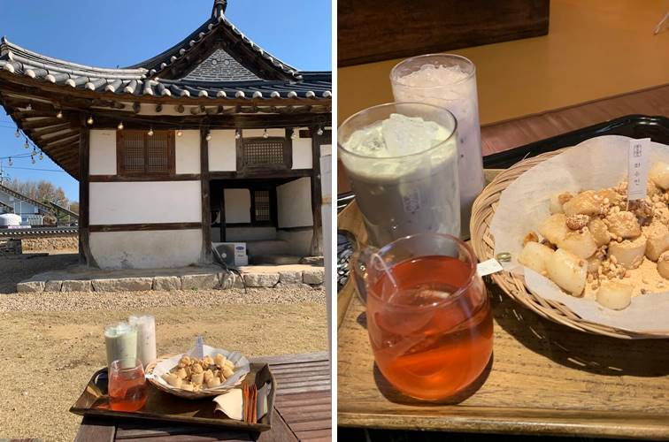 한옥과 같이 찍은 음료와 디저트