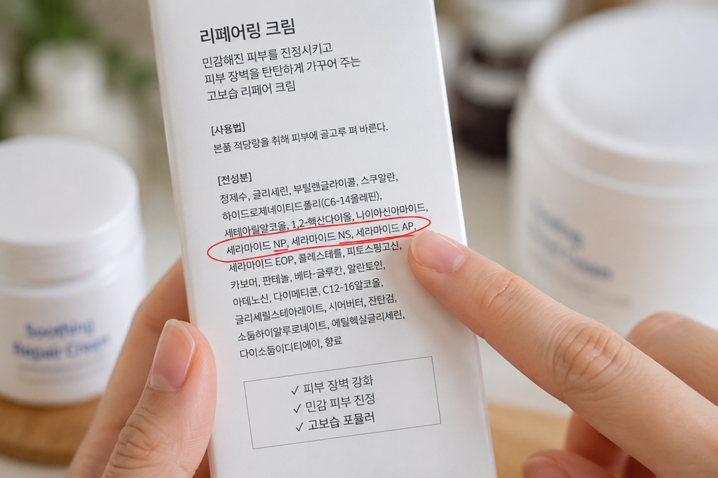세라마이드 성분이 표시된 재생크림 전성분표를 손으로 가리키는 장면