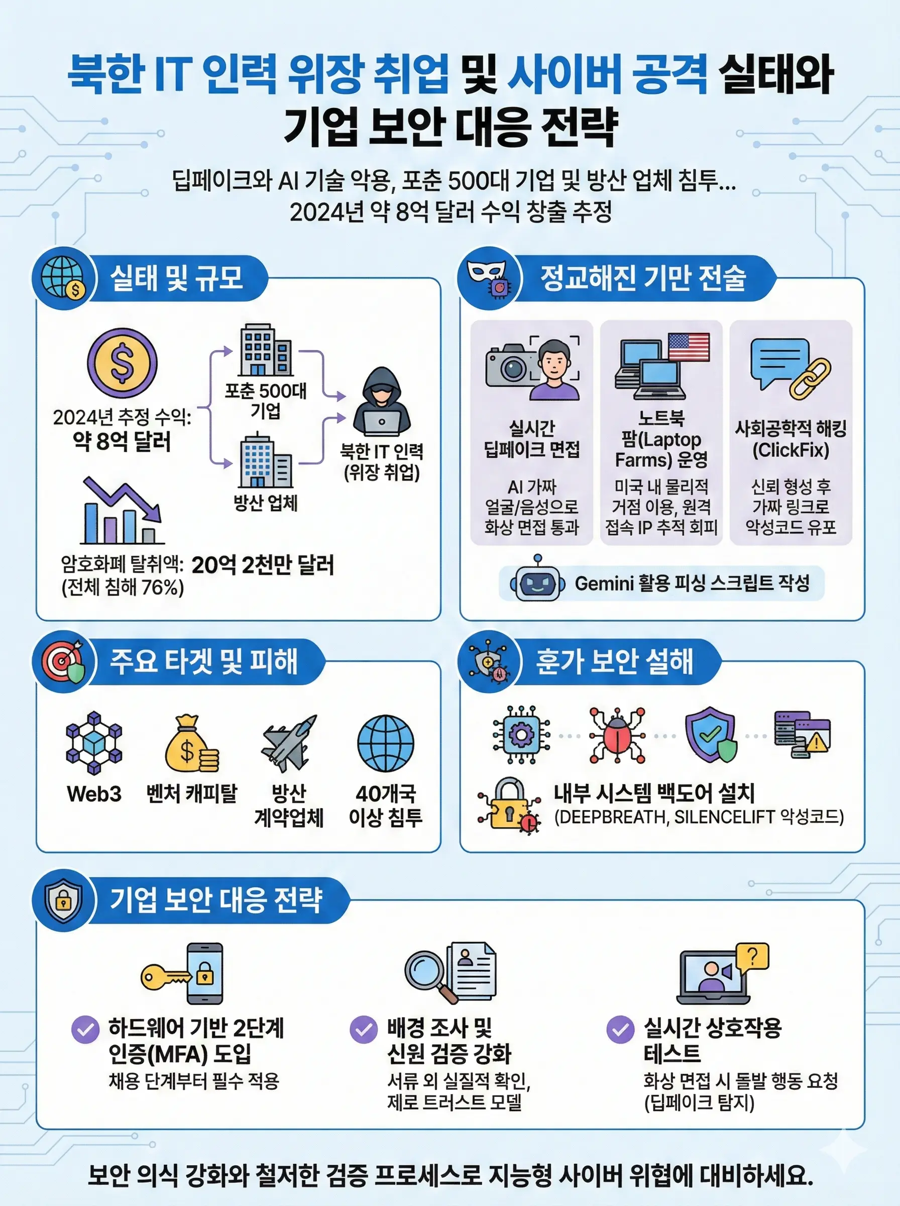 북한 해커 조직의 기업 침투 및 자금 탈취 프로세스 인포그래픽