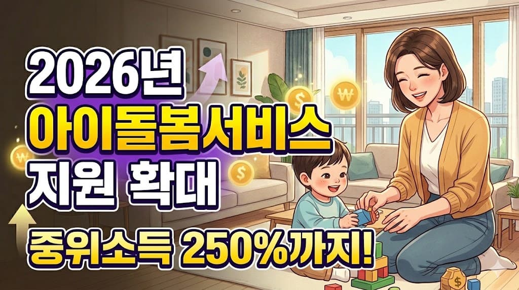 2026년 확대된 아이돌봄서비스 소득 기준 중위소득 250% 안내와 맞벌이 가구 지원 혜택 인포그래픽
