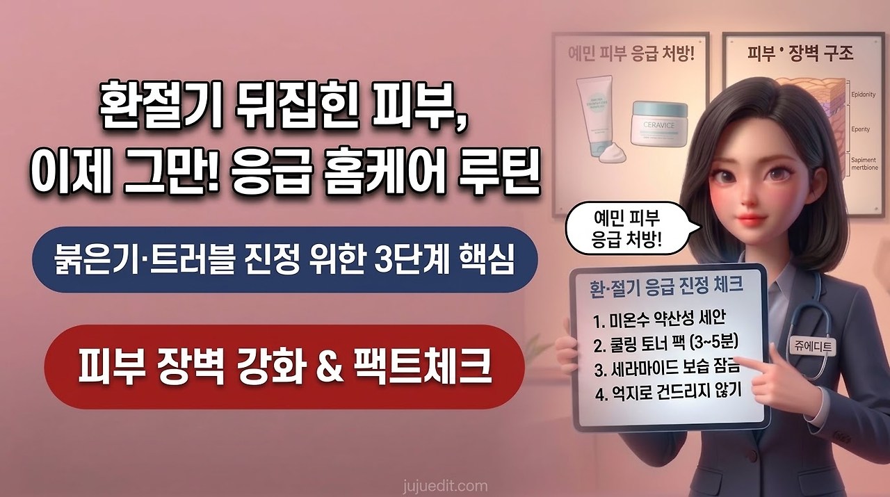 "환절기 뒤집힌 피부, 이제 그만! 응급 홈케어 루틴" 제목과 3단계 진정 체크리스트를 안내하는 쥬에디트 캐릭터 인포그래픽 이미지