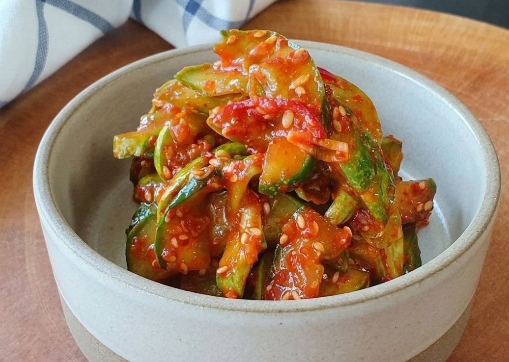 도자기 용기에 정갈하게 쌓아 올린 오이무침, 나무 도마와 푸른색 체크무늬 천이 배치된 감성적인 주방 테이블 세팅