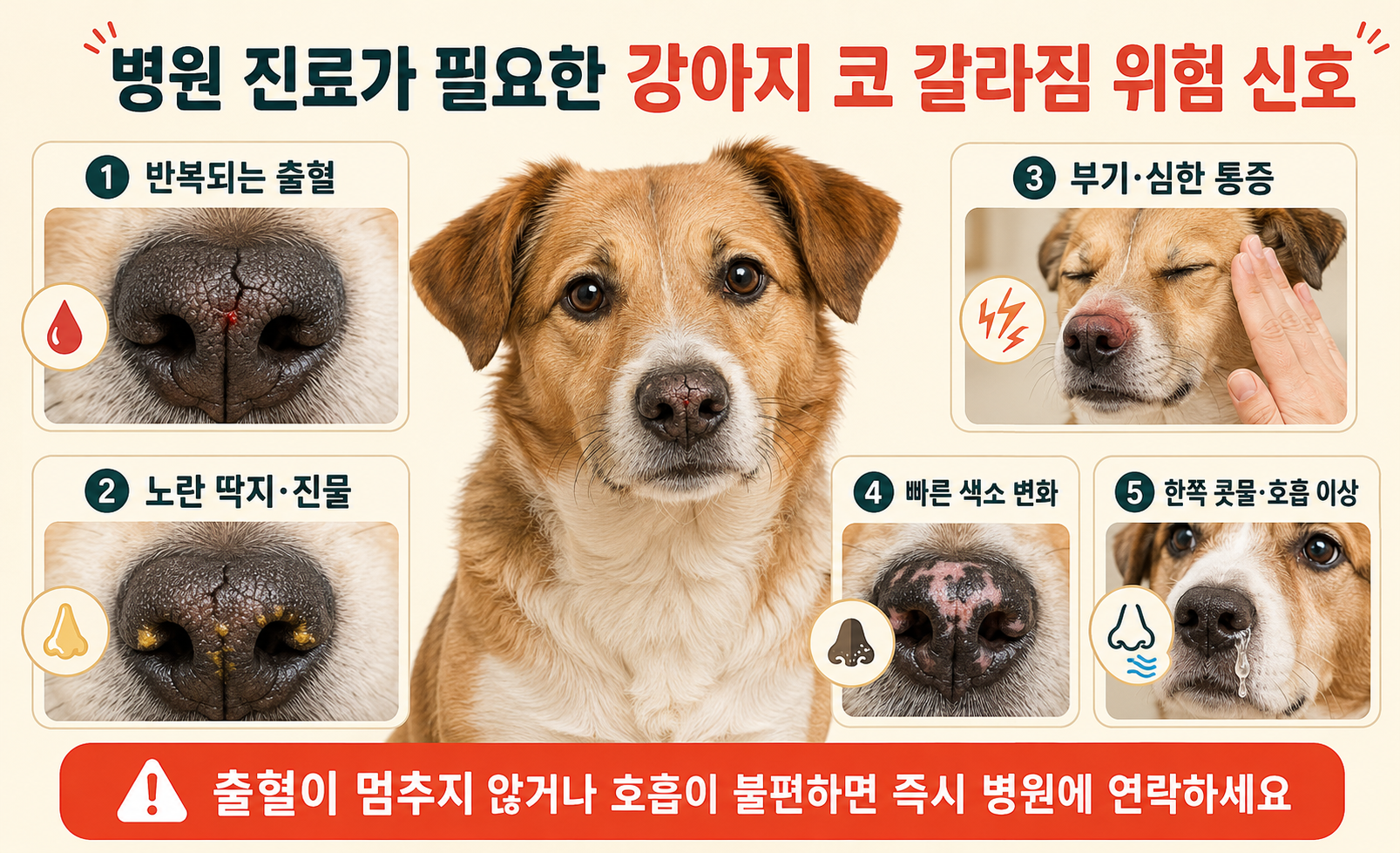 강아지 코 갈라짐으로 출혈과 진물, 통증, 색소 변화가 나타날 때 병원 진료가 필요한 위험 신호 이미지