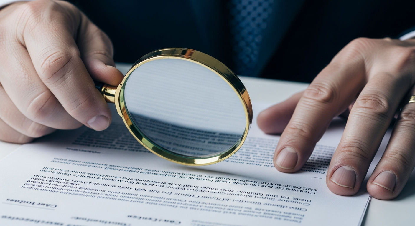 신용카드 뒷면의 작은 글씨로 쓰인 약관(전월 실적, 연회비)을 주의 깊게 읽고 있는 사람의 모습.