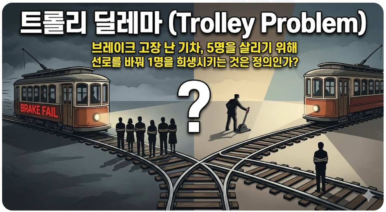 트롤리 딜레마 (Trolley Problem): 브레이크 고장 난 기차, 5명을 살리기 위해 선로를 바꿔 1명을 희생시키는 것은 정의인가?