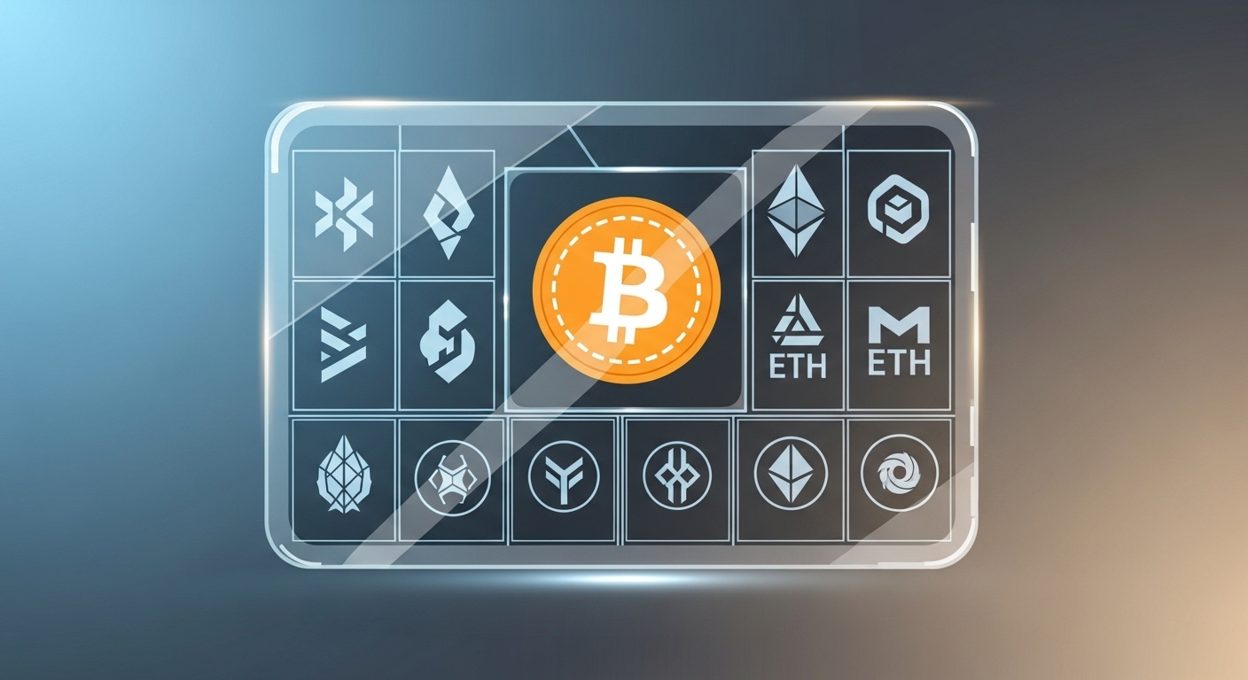 다양한 암호화폐들이 고르게 분포된 분산 투자 포트폴리오를 시각적으로 보여주는 그림, 위험 관리를 통한 안정적인 자산 배분을 상징.