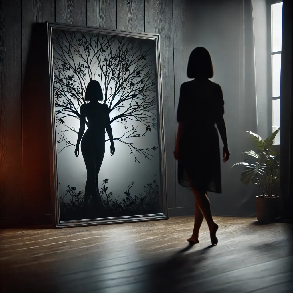 거울 앞에 서 있는 여성, 하지만 거울 속의 반사는 나뭇가지와 잎사귀가 있는 나무인 어두운 추상적 장면. 방은 희미한 조명 아래 있으며, 여성과 자연 사이의 신비롭고 초현실적인 변화를 강조하고 있다