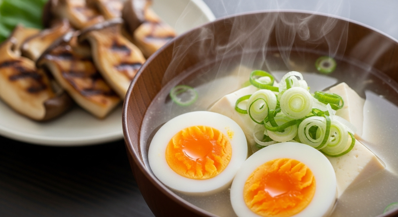 따뜻한 김이 모락모락 나는 두부 국과 계란 요리가 차려진 건강한 겨울 밥상 클로즈업