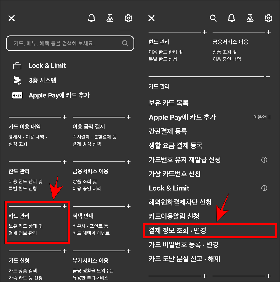 현대카드 메뉴 중 카드 관리를 선택하고, 세부 메뉴의 결제 정보 조회&middot;변경을 선택