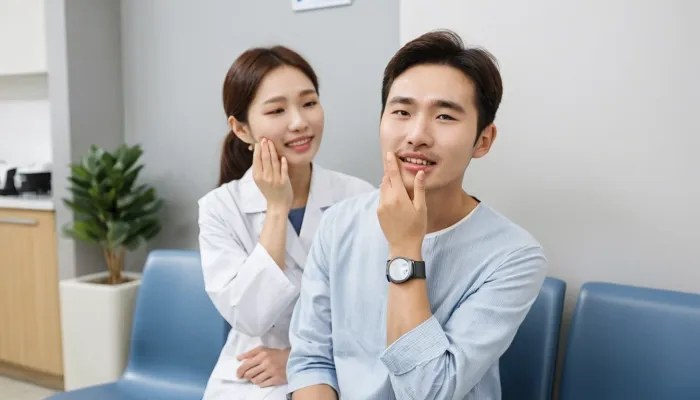 스케일링 후 식사 전 볼을 감싸며 치아 시림을 느끼는 모습